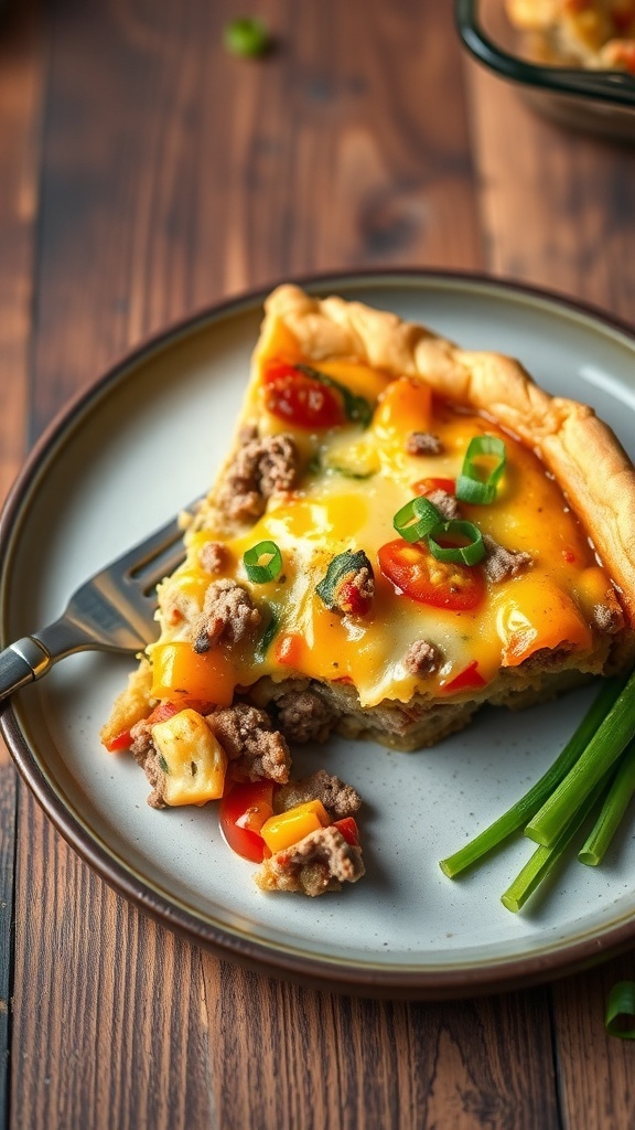 Savory Hamburger Quiche Recipe A slice of hamburger quiche with ground beef and cheese on a rustic plate, garnished with green onions.